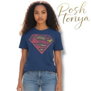 Superman Logo Graphic Short Sleeve T-Shirt Blue Size S Unisex Fit Casual
